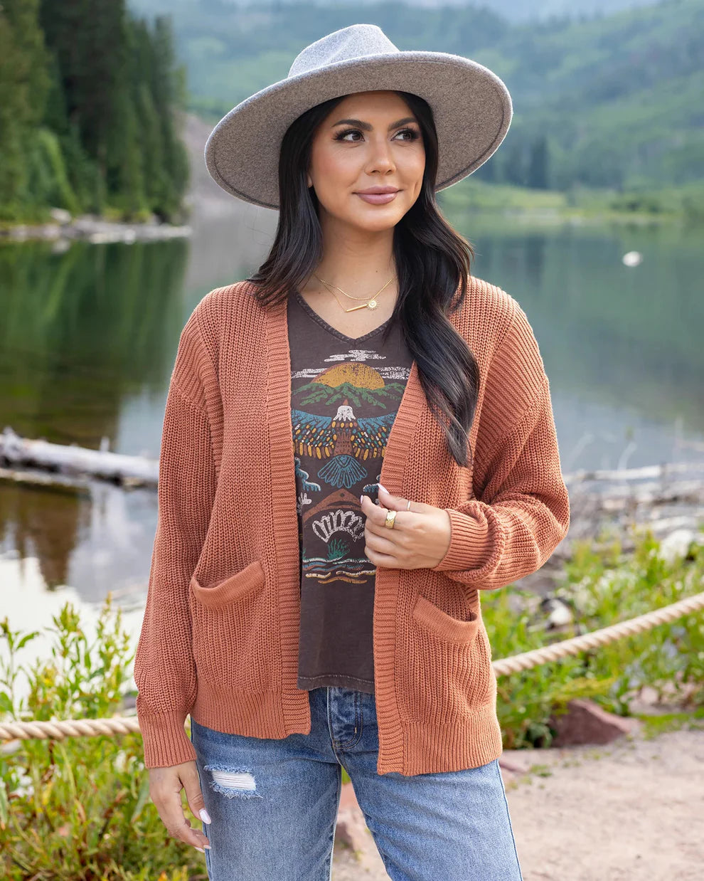 G&L Slouchy Knit Pocket Cardigan In Baked Pumpkin