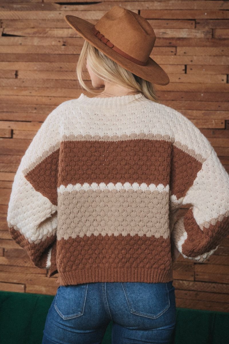 Stripe Colorblock Cableknit Sweater- BROWN