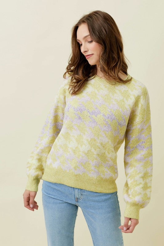 Houndstooth Patterned Multi Color Pullover Sweater-Lime/Lavender