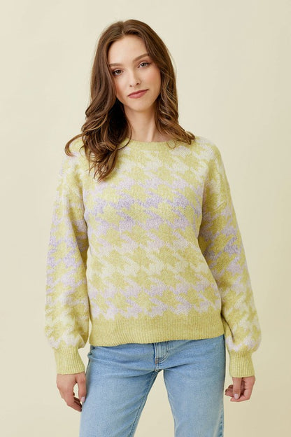 Houndstooth Patterned Multi Color Pullover Sweater-Lime/Lavender