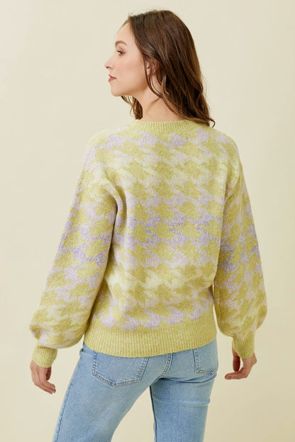 Houndstooth Patterned Multi Color Pullover Sweater-Lime/Lavender