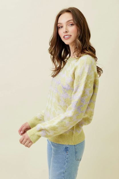 Houndstooth Patterned Multi Color Pullover Sweater-Lime/Lavender