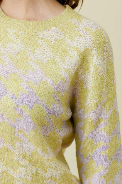 Houndstooth Patterned Multi Color Pullover Sweater-Lime/Lavender