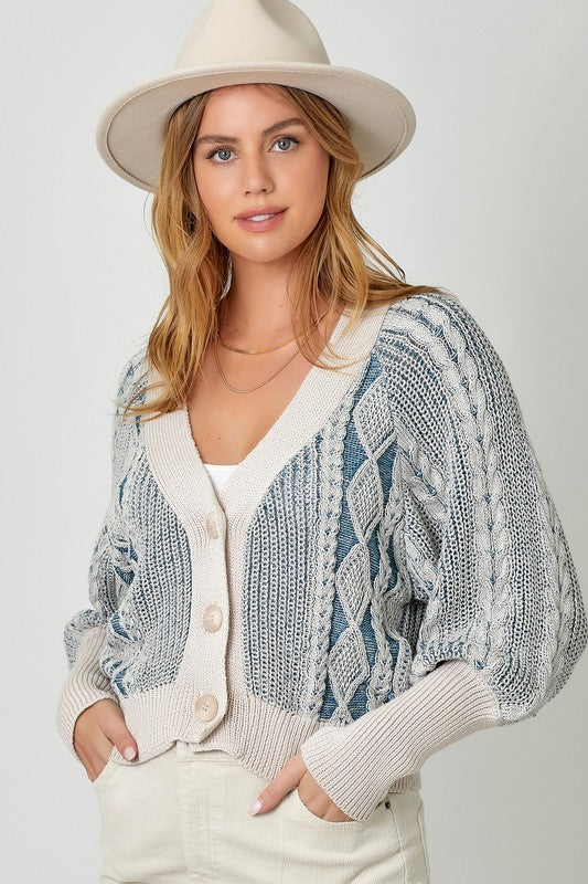 Mixed Weaving Sweater Cardigan-Blue