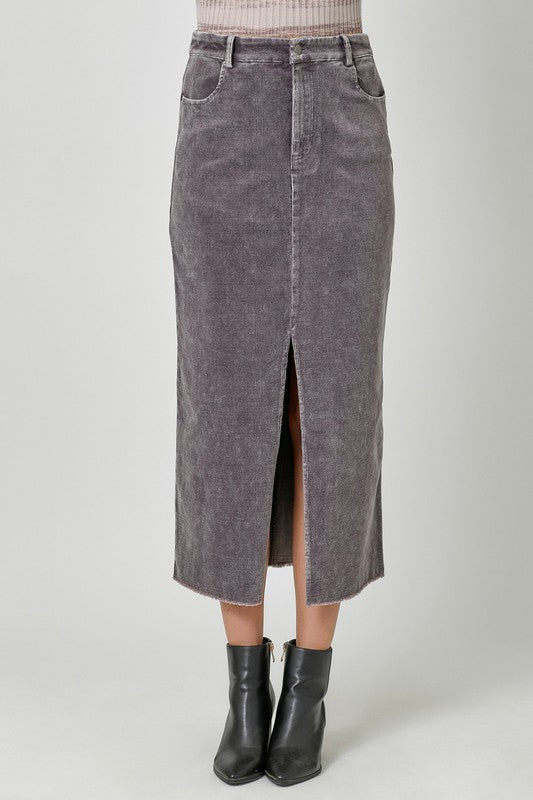 Washed Front Slit Corduroy Skirt-Vintage Grey