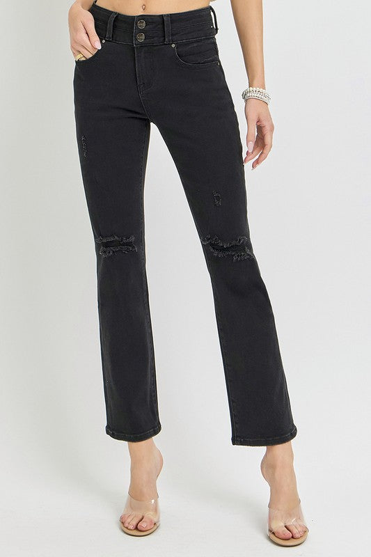 BLACK HIGH RISE ANKLE STRAIGHT JEANS- Risen Jeans