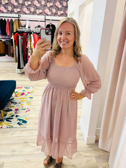 Blush Smocked long sleeve dot dress