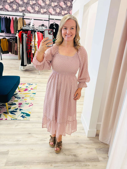 Blush Smocked long sleeve dot dress