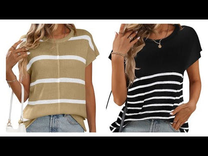 Thick Needle Knit Stripe Top - Khaki