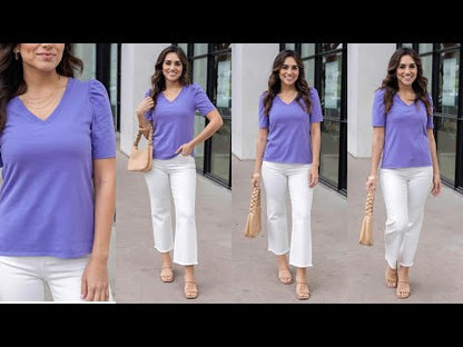 Grace & Lace Cotton Puff Sleeve V-Neck Top in Iris