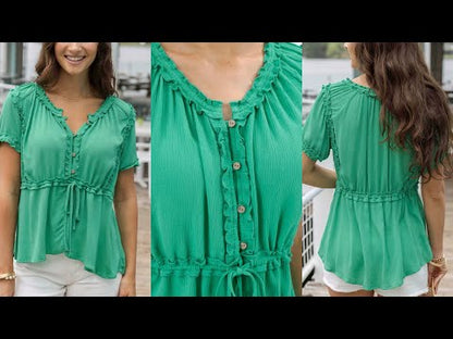 Grace & Lace Lola Frilly Button Front Top in Spring Green