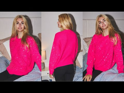 Sequin Cable Knit Sweater- Hot Pink